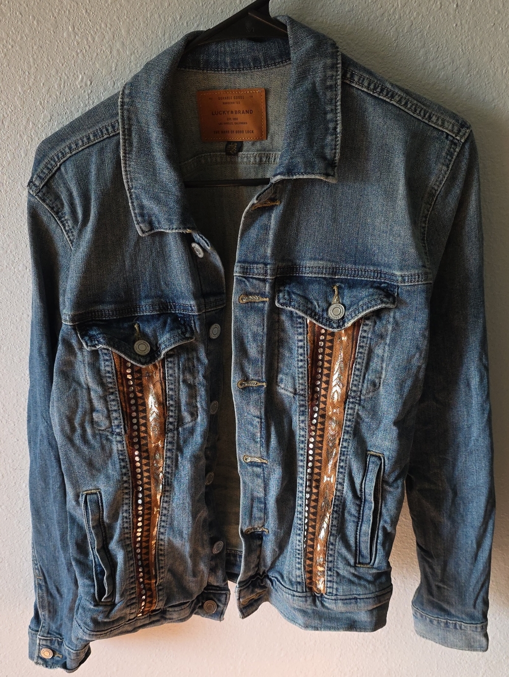 Lucky Brand Blue Denim Jacket with Brown Embellished Panels